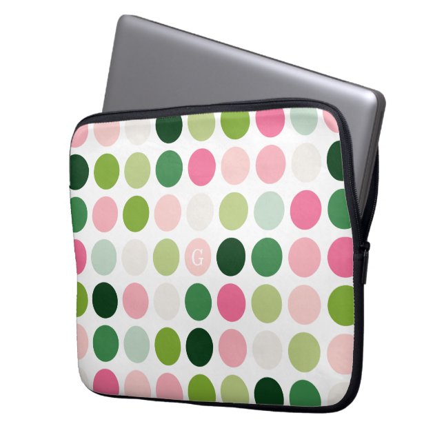 Funda Para Portátil Modern pink green polka dots pattern monogram (Anverso izquierdo)