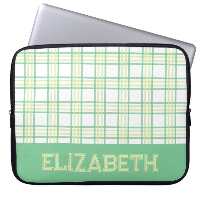 Funda Para Portátil Modern Preppy Plaid Varsity Font Green Lime (Frente)