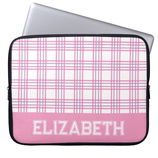 Funda Para Portátil Modern Preppy Plaid Varsity Font Pink Purple (Frente)