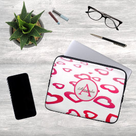 Funda Para Portátil Modern Valentine red hearts with monogram and name