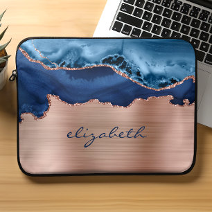 Funda Para Portátil Moderna Marina Azul Rosa Oro Agate Metálico
