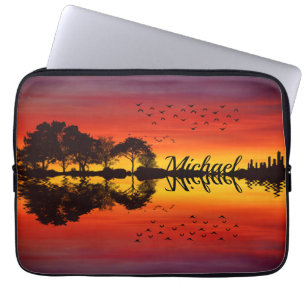 Funda Para Portátil Moderna Naranja Sunset Guitarist Name Watercolor