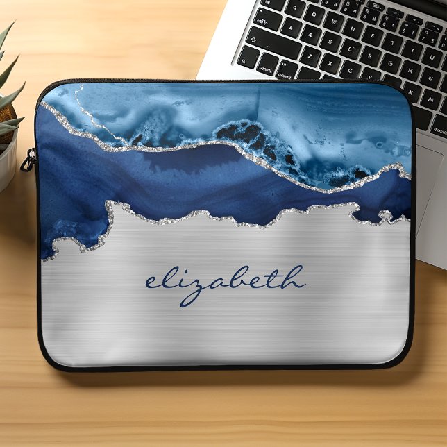Funda Para Portátil Moderna Navy Blue Silver Agate Metálico (Subido por el creador)