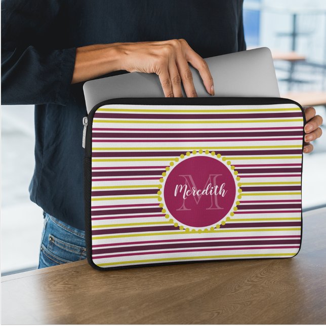 Funda Para Portátil Modernas rayas amarillas rosadas moradas Monograma (Subido por el creador)