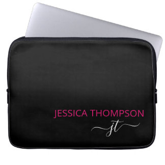 Funda Para Portátil Moderno color de rosa caliente negro sencillo nomb
