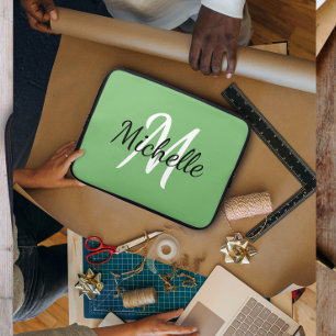 Funda Para Portátil Moderno Monograma Verde Mínimo + Incial