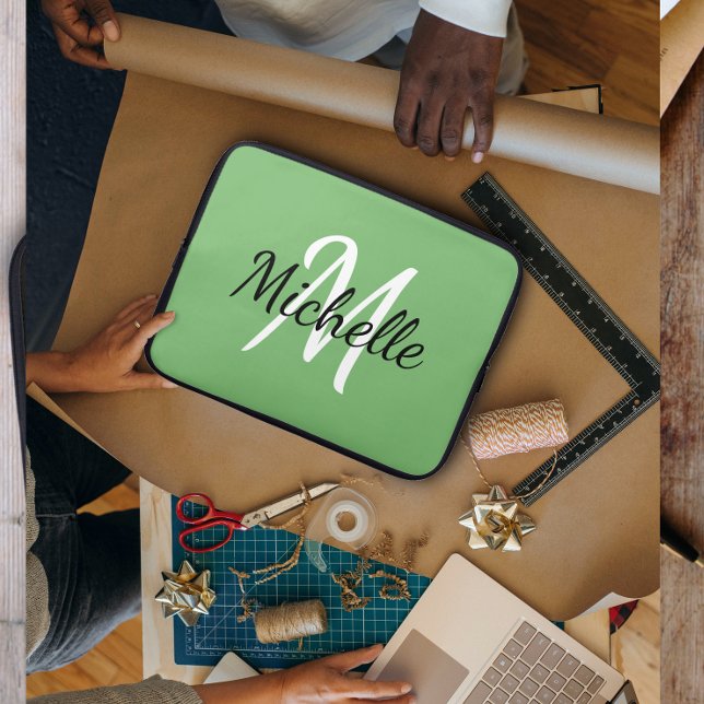 Funda Para Portátil Moderno Monograma Verde Mínimo + Incial (Subido por el creador)