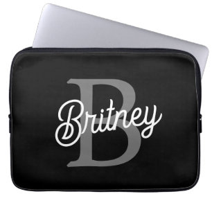 Funda Para Portátil Moderno y elegante nombre de monograma guión gris 