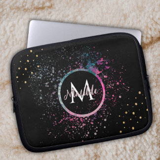 Funda Para Portátil Monogram Name Faux Gold Glitter Girly Glam Black