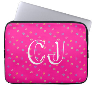 Funda Para Portátil Monograma 2 Iniciales Lunares Rosa Brillante