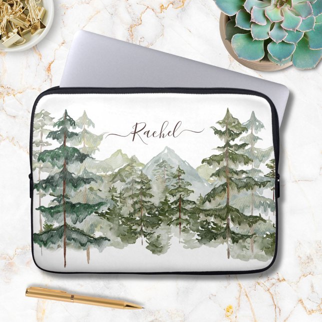 Funda Para Portátil Monograma Acuarela Pine Forest Rústica (In situ)