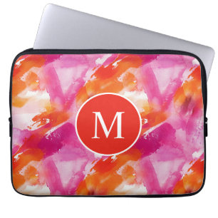 Funda Para Portátil Monograma Acuarela Rosa Naranja Abstracto