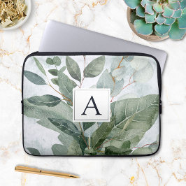 Funda Para Portátil Monograma Acuarela Rústica Verde Salvia