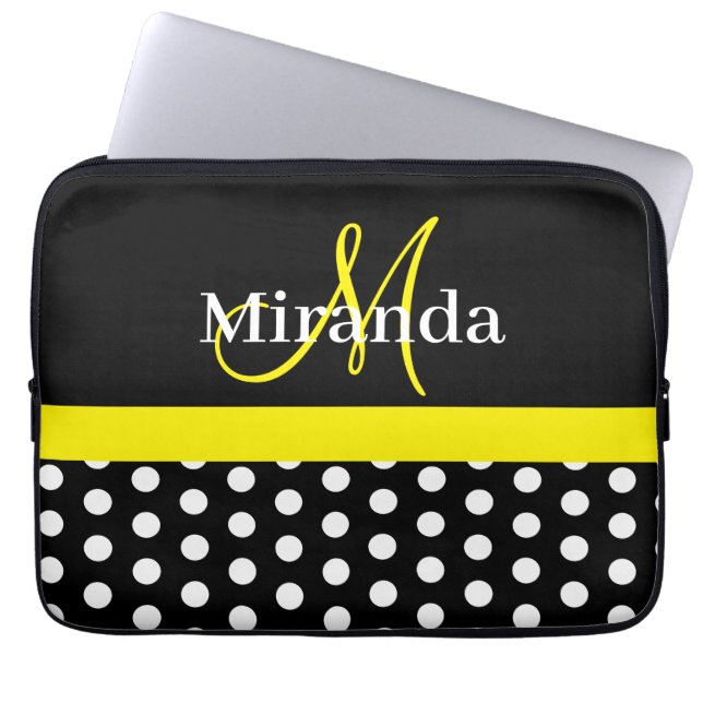 Funda Para Portátil Monograma amarillo Polka blanco negro punto (Frente)