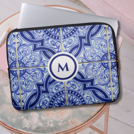Funda Para Portátil Monograma azul + blanco de mosaico mediterráneo