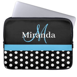 Funda Para Portátil Monograma azul cielo Punto de Polka Blanco Negro