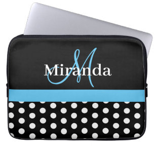 Funda Para Portátil Monograma azul cielo Punto de Polka Blanco Negro