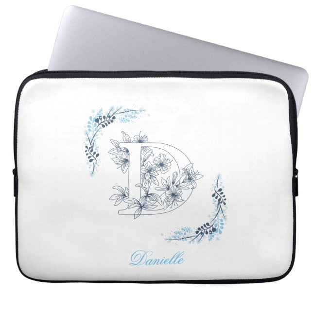 Funda Para Portátil Monograma azul "D" inicial Floral de calm (Frente)