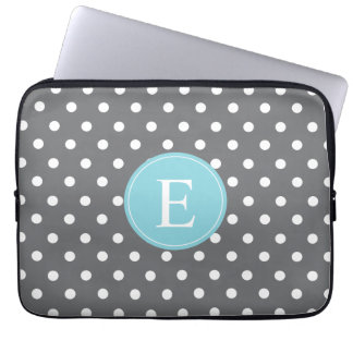 Funda Para Portátil Monograma azul de punto de polka gris