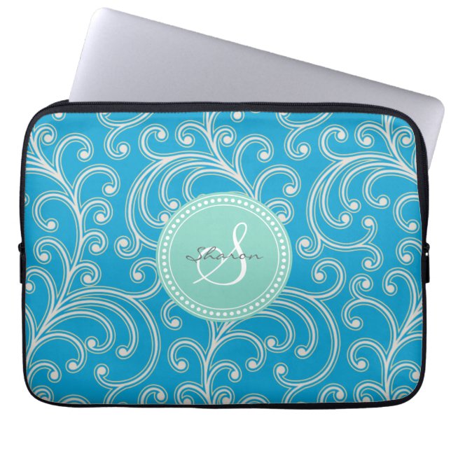 Funda Para Portátil Monograma azul femenino elegante del estampado de (Frente)