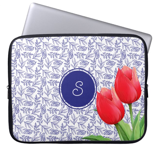 Funda Para Portátil Monograma azul floral elegante de tulipanes rojos  (Frente)
