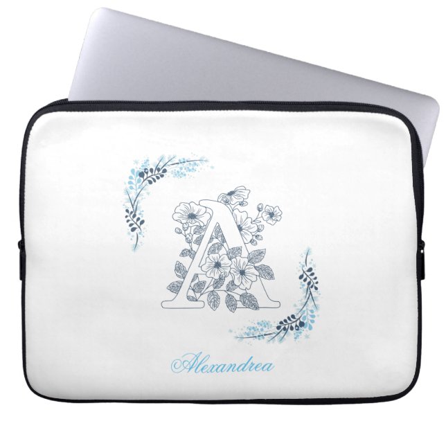 Funda Para Portátil Monograma azul inicial "A" Floral (Frente)