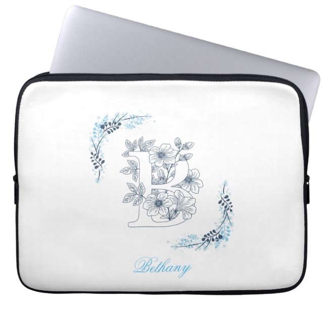 Funda Para Portátil Monograma azul inicial "B" Floral (Frente)