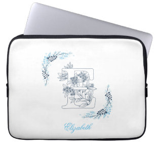 Funda Para Portátil Monograma azul inicial "E" Floral