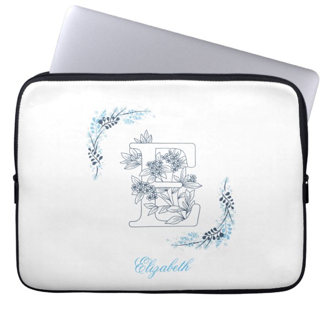 Funda Para Portátil Monograma azul inicial "E" Floral (Frente)