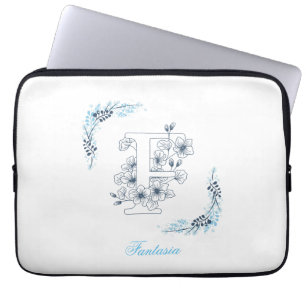 Funda Para Portátil Monograma azul inicial "F" Floral calurosa