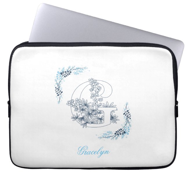 Funda Para Portátil Monograma azul inicial "G" Floral (Frente)