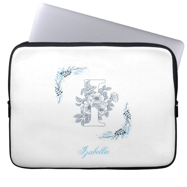 Funda Para Portátil Monograma azul inicial "I" Floral (Frente)