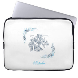 Funda Para Portátil Monograma azul inicial "N" Floral