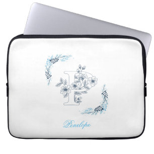 Funda Para Portátil Monograma azul inicial "P" Floral