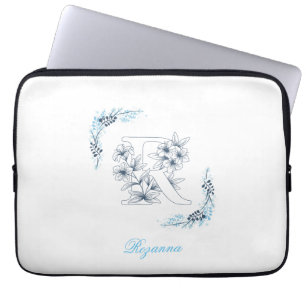 Funda Para Portátil Monograma azul inicial "R" Floral de calm