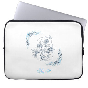 Funda Para Portátil Monograma azul inicial "S" Floral