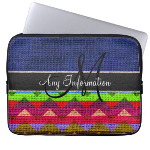 Funda Para Portátil Monograma Azul Marino Chevron Zigzag Arpillera Yut