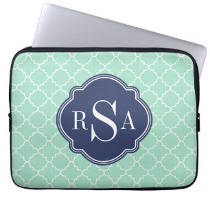 Funda Para Portátil Monograma azul Mod Mint Green Trellis