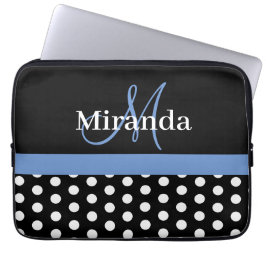 Funda Para Portátil Monograma azul Punto de Polka Blanco Negro