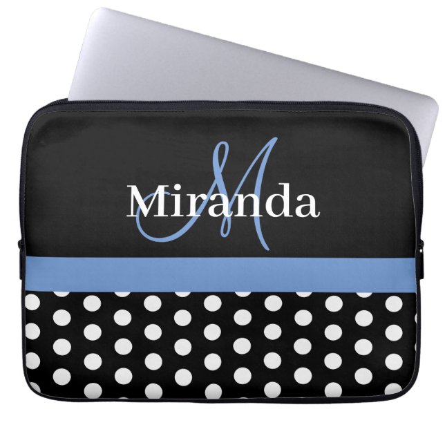 Funda Para Portátil Monograma azul Punto de Polka Blanco Negro (Frente)