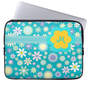 Funda Para Portátil Monograma azul retro del flower power