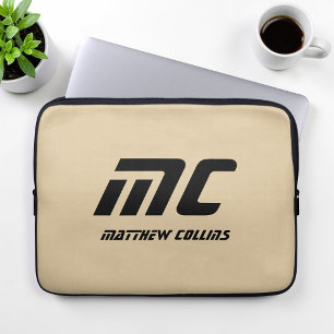 Funda Para Portátil Monograma Beige Minimalista Nombre Texto Negro par