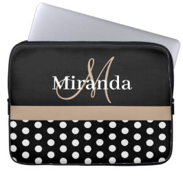 Funda Para Portátil Monograma Beige Punto de Polka Blanco Negro