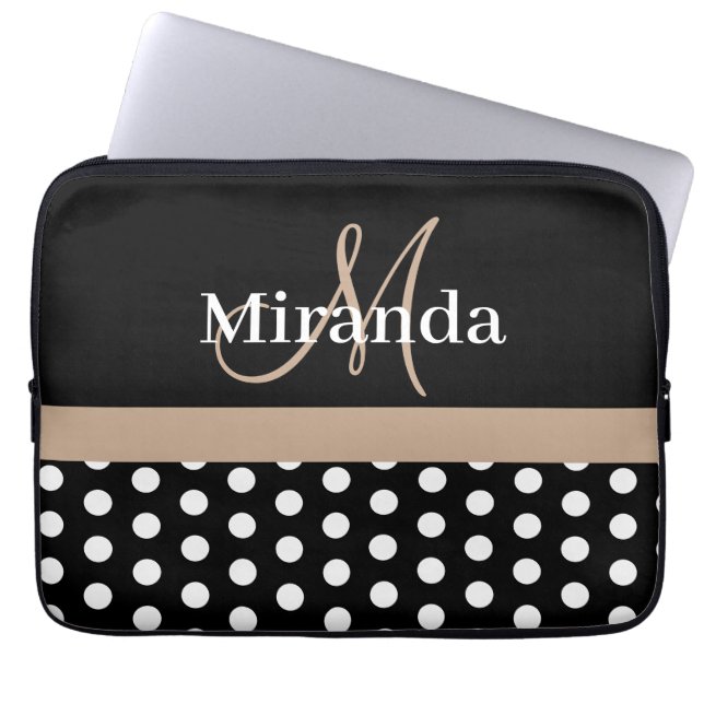 Funda Para Portátil Monograma Beige Punto de Polka Blanco Negro (Frente)