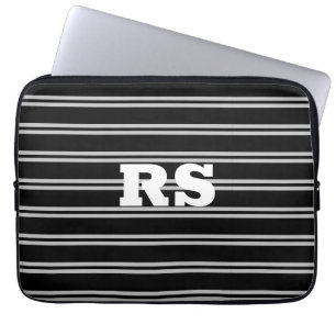 Funda Para Portátil Monograma blanco negrita, líneas grises en negro