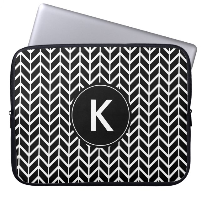 Funda Para Portátil Monograma blanco negro de Chevron (Frente)