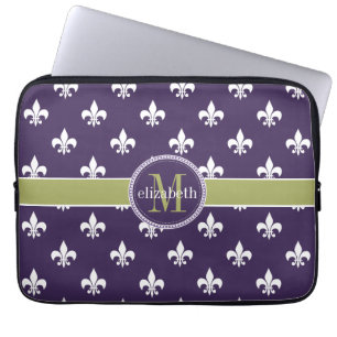 Funda Para Portátil Monograma blanco púrpura de la flor de lis del