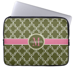 Funda Para Portátil Monograma blanco rosado verde oliva de Quatrefoil