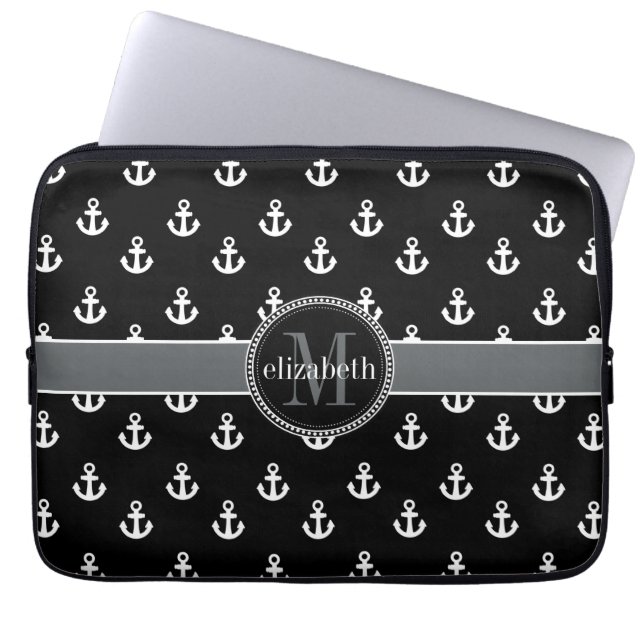 Funda Para Portátil Monograma blanco y negro de las anclas de las (Frente)