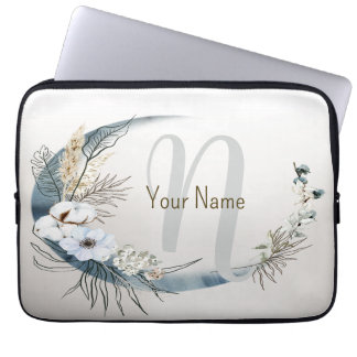 Funda Para Portátil Monograma Boho Flores de orquídeas blancas Luna az